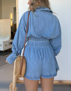 Long Sleeves Crop Shirt and Shorts Denim Set (Buy 2 Free Shipping)