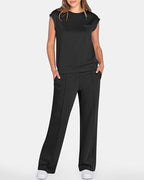 Women's Solid Tank Top & Drawstring Waist Wide Leg Pants Two-piece Set