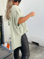 Washed Roll Sleeve Studded Oversized Short Sleeve Top  (Buy 2 Free Shipping)