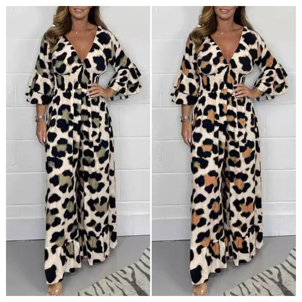 Leopard print V-neck jumpsuit