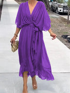 Elegant V-Neck Chiffon Dress – Flowy Summer & Occasion Wear