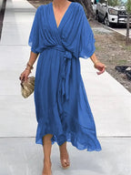 Elegant V-Neck Chiffon Dress – Flowy Summer & Occasion Wear