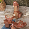 Women's block-heeled sandals, stylish open toes, trendy hollow heels.