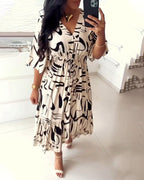 V-Neck Waist Ink Print Dress