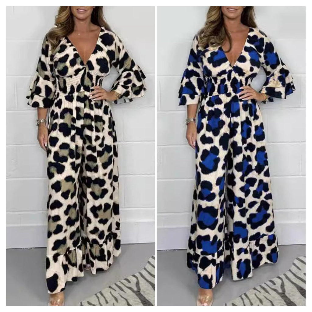 Leopard print V-neck jumpsuit
