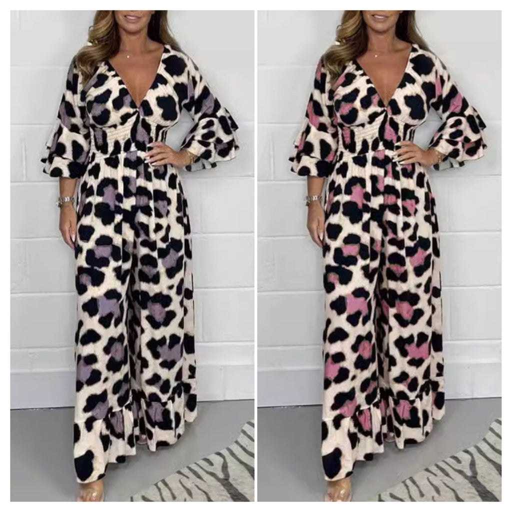 Leopard print V-neck jumpsuit