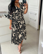 V-Neck Waist Ink Print Dress