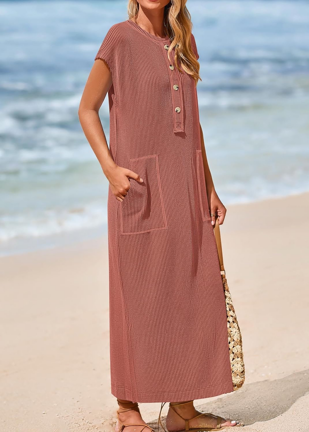Women's Ribbed Henley Button Up Split Long Dress (Buy 2 Free Shipping)