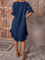 Solid Puff Sleeve Ruffle Hem Smock Dress (Buy 2 Free Shipping)