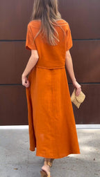 Women's V-neck Solid Color Cotton and Linen Two-piece Suit