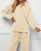 Women's Lapel V Neck Textured Lounge Sets (Buy 2 Free Shipping)
