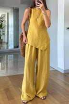 Women's casual irregular hem sleeveless cotton and linen two-piece set