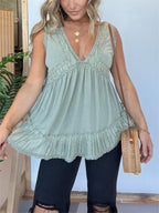 New V-neckline Sleeveless Flow Top with Lace Trim (Buy 2 Free Shipping)