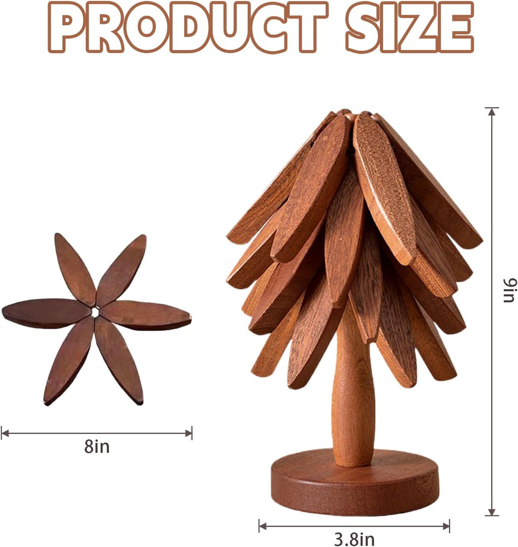 ✨Natural Tree Trivet Set - 4 Wooden Trivets & 1 Stand Like a Christmas Tree