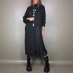 Charming Satin Dress and Long Handcrafted Knit Sweater Set
