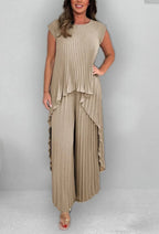 Pleated Two-Piece Set – High-Low Top & Wide-Leg Trousers Casual Outfit