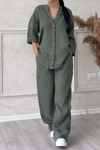 Women Casual button decorated cotton and linen two-piece set