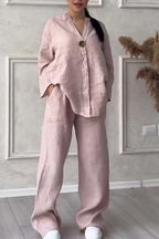 Women Casual button decorated cotton and linen two-piece set
