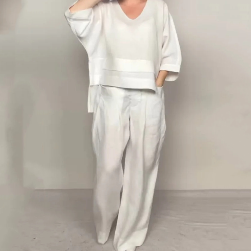 Irregular Hem Cotton Linen Short Sleeve Casual 2-Piece Set