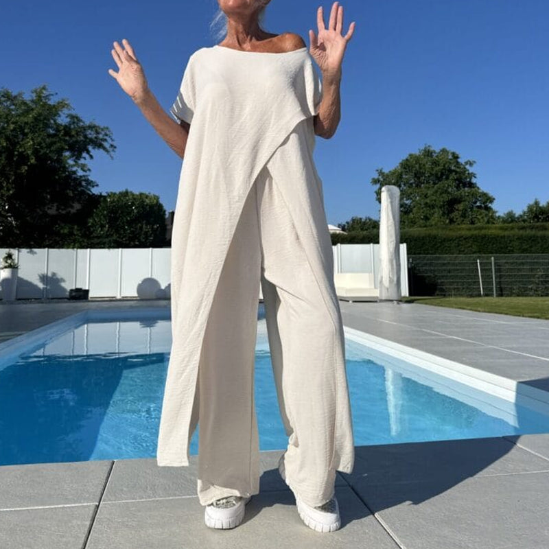 Solid Color Off-Shoulder Top & Pants Set